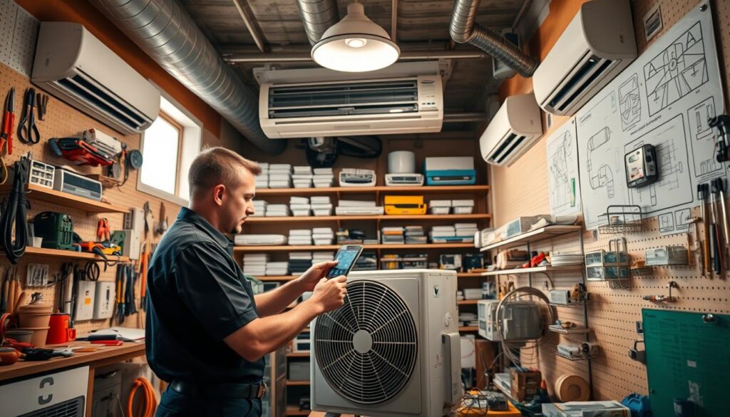 a detailed interior view of a home air conditioning repair workshop, with a technician in the foreground inspecting an air conditioning unit, surrounded by tools, spare parts, and technical diagrams on the walls. The lighting is warm and inviting, with natural light filtering in through the windows. The background features rows of shelves stocked with air conditioning components and accessories, conveying a sense of professionalism and expertise. The overall scene depicts the comprehensive services and pricing available for air conditioning repair in South Africa. a detailed interior view of a home air conditioning repair workshop, with a technician in the foreground inspecting an air conditioning unit, surrounded by tools, spare parts, and technical diagrams on the walls. The lighting is warm and inviting, with natural light filtering in through the windows. The background features rows of shelves stocked with air conditioning components and accessories, conveying a sense of professionalism and expertise. The overall scene depicts the comprehensive services and pricing available for air conditioning repair in South Africa.